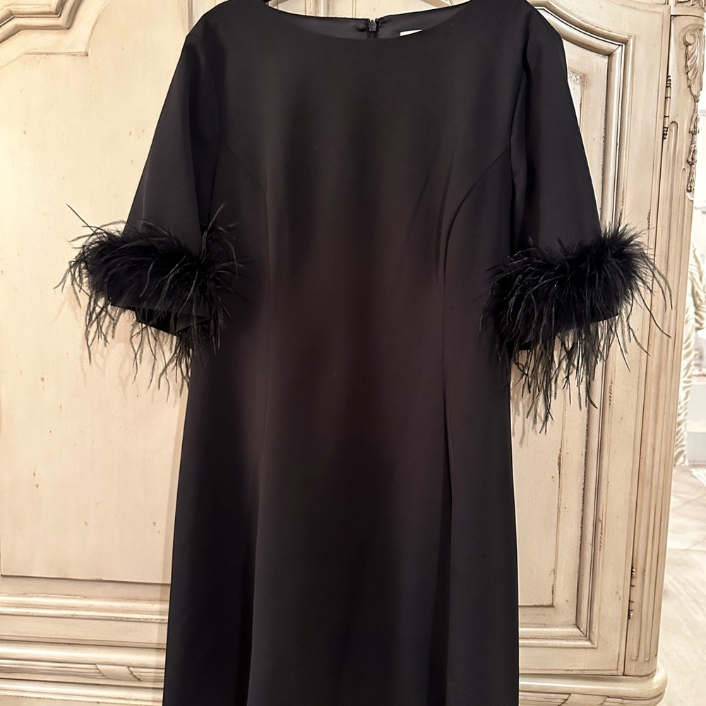 Preston & York Black Midi Dress with Feather-Trim Sleeves